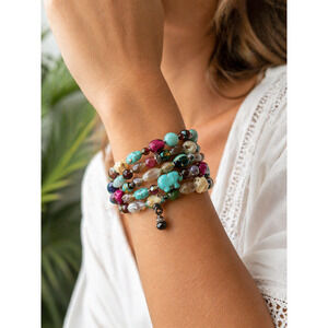 Boho Multicolored Beaded Coil Wrap Bracelet Elephant Charm Southwestern Style